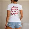 NONE Maglietta da donna 100% cotone, stile casual e divertente, con stampa Amore Pasta Vino e Basta in rosso, design italiano con cuore e bicchiere di vino, perfetta per il tempo libero, le vacanze,