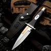 NONE Coltello da Caccia Bowie Classico con Lama Altamente Dura e Lucidata a Specchio, Manico Ergonomico in Legno, Coltello a Lama Fissa per Outdoor e Bushcraft con Fodero in Pelle Bovina