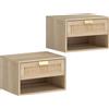 HOMCOM Set di 2 Comodini Sospesi con Cassetto in Rattan Ripiano Aperto Salva Spazio 40x30x25 cm Rovere | Aosom Italy