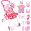 deAO Bambola bebé e Passeggino Giocattolo Set - 12 Bambolotto Bambina e Accessori con Baby Dolls Carrozzina, Vestiti per Bambole, Funzione per Bere e Bagnare, Regalo per Bambini 3+ Role Play