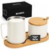 MIAMIO - Set lattiera e zuccheriera con vassoio in bambù (Bianco) | Lattiera 330 ml e zuccheriera 270 ml con vassoio in bambù e cucchiaino per caffè, tè e colazione - lavabile in lavastoviglie