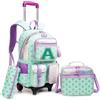 HTgroce Zaino Trolley Scuola Elementare Bambina con Lettera A - Set 3 Pezzi con Borsa per la Merenda e Astuccio - Zainetto con Ruote 2-in-1 Ergonomico per Scuola e Viaggio