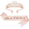 Exipsat 60° compleanno corona e fascia set - Tiara oro rosa con strass & fascia glitter 60 & Fabulous - Regina di compleanno accessori per donne feste decorazioni