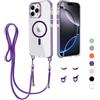 Beajew Cover Magnetica per iPhone 15 Pro Max con Regolabile Rimovibile Corda da Collo Catena Collana [Compatibile con MagSafe] Clear Case con Cellulare per iPhone 15 Pro Max, Viola