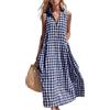 Generic Abito a Quadri Gingham da Donna, Estivo, Primavera, Maxi, a Canotta, in Cotone, Carino, Casual, Fluido, Stile Boho, da Spiaggia, con Tasche, blu navy, S