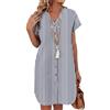 Zeagoo Vestiti Camicia Donna Maniche Corte Estivo Abito in Lino Corto Spiaggia Vestito con Tasche Elegante Scollo a V Chemisier Abiti Strisce Blu Scuro S