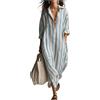 Generic Maxi abito da donna a righe, caftano con scollo a V e spacco laterale con tasche, abito in cotone a righe bohémien, a maniche lunghe, oversize, vestibilità ampia, camicia da spiaggia