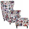 Highdi 2 Pezzi Copripoltrona con Orecchie e Copri Pouf Elasticizzato, Copridivano da 1 Posto con Fodera per Cuscino, Lavabile Rimovibile per Bar Soggiorno Camera da Letto (fiori europei)