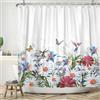 ASDCXZ Tenda da Doccia con Fiori 180x220 cm, Primavera Bianco Viola Fiori Multicolori Verde Foglie Farfalla Uccello Lavabile in Tessuto Poliestere Impermeabile per Vasca da Bagno con 12 Ganci