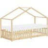 ML DESIGN modern living ML-Design Letto a Casetta per Bambini 90x200 cm Naturale in Legno Massello di Pino con Materasso A:10 cm Protezione Anticaduta e Tetto, Stile Montessori, Struttura Bassa a Capanna per Cameretta