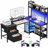 Homieasy Scrivania Gaming 150cm a L LED, Prese, Cassetti, Nero