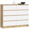 AKORD Cassettiera K-120 con 8 (2x4) Cassetti | Moderna Mobiletto per Soggiorno Sala da Pranzo Camera da Letto Corridoio Bagno | Armadio Cameretta | 120x99x40 cm | Peso 65 kg | Rovere Artisan | Bianco