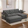 Muskel Divano da soggiorno in velluto, 219 × 131 cm, divano angolare con chaise longue e sgabello, entrambi con vano portaoggetti, pouf intercambiabile, divano con bottoni e tasche laterali, grigio