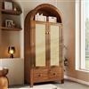 SACOOL Armadio 181 x 78 x 45 cm con intreccio in rattan, stile rustico effetto noce, ripiano semicircolare aperto, 2 ante con chiusura magnetica, 2 cassetti, asta appendiabiti e protezione