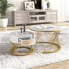 MSMOK Tavolino rotondo 2 in 1 in MDF, tavolino con piano in marmo e cassetti in rattan sintetico, piedini in ferro dorato, manici in legno massiccio, 70 x 70 x 45,5 + 50 x 50 x 38,5 cm (bianco + oro)
