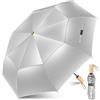 ZOMAKE Ombrello Raggi UV, Sun Ombrelli Pieghevole Sole Anti UV UPF 50+, Umbrella Piogia Antivento Piccolo Resistenti per Donna Uomo Manico in Legno (Argento Nero - Doppio Baldacchino)