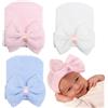 Malaxlx Set di 3 cappelli per neonati, in morbido cotone, 0-3 mesi, con fiocco, Bianco/Rosa/Blu, 0-3 Mesi