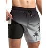 Arcweg Costume da Bagno per Uomo e Ragazzo, Pantaloncini da Bagno con Compressione Liner 2 in 1, ad Asciugatura Rapida, Pantaloncini da Surf Elastici con Nero-Grigio Albero di Cocco S(EU)