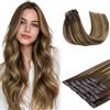 hotbanana Extension con clip in capelli veri, senza cuciture, da castano cioccolato a biondo caramello, extension in capelli veri in poliuretano, 40 cm, 130 g, 7 pezzi