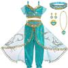 DiULi Jasmine Costume da Principessa, Jasmine Principessa Abiti Ragazze con Corona, Bacchetta, Parrucca per Principessa, per Festa Danza Compleanno Halloween Cosplay, Taglia 110-150