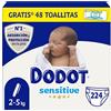 Dodot Pannolini Baby Sensitive, taglia 1 (2-5 kg), 224 pannolini + 40 salviette Aqua Pure 99% acqua, fino a 12 ore di protezione anti-perdite e cura della pelle, confezione mensile