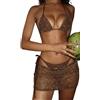 GORGLITTER Bikini da donna con allacciatura al collo, set da 3 pezzi, bikini all'uncinetto, con gonna, stile brasiliano, bikini a triangolo, costume da bagno sexy, marrone, M