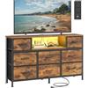 SONGMICS Cassettiera con 8 Cassetti, Mobile Porta TV in Acciaio e Tessuto, con Luci LED, Prese CA e USB, 113,8 x 30 x 68,1 cm, Marrone Vintage, per Camera da Letto, Collezione Bellah LGS433KD02