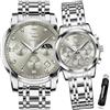 OLEVS Coppia di orologi al quarzo per coppie, con calendario luminoso, datario, 3 ATM, impermeabili, casual, in acciaio inox, per uomini e donne, amanti del matrimonio, regali romantici, set di 2