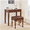 PADMA HOUSE Set Scrivania in Legno Massiccio con Sgabello Imbottito, Scrittoio Vintage 80cm con 2 Cassetti e Sedia Coordinata, Tavolo da Studio e Trucco Robusto, Stile Classico Marrone Rustico