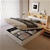 PerGar Letto 140 x 200 cm, letto matrimoniale imbottito con testiera a LED e USB, letto a molle idraulico con vano portaoggetti, letto per ragazzi con rete a doghe, PU, senza materasso, bianco
