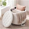 Ckaff Pouf Contenitore con Ruote, 48cm Pouf Poggiapiedi Rotondo, Sgabello Imbottito con Lavorazione Capitonné e Coperchio Rimovibile per Soggiorno, Camera da Letto e Sala da Pranzo, PU, Bianco Avorio