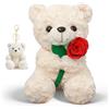 JhavexToy ThrenodyToy Peluche Orso Bianco con Rosa Rossa & Portachiavi Mini Orso - Accessoire Morbido, Regalo Perfetto di San Valentino o Compleanno per Mamma, Amica in Momenti Speciali, 20cm