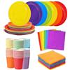 Bcuuozeeing 120 stoviglie colorate in carta, 30 x 23 cm, piatti da insalata, 30 x 270 ml, tovaglioli da 30 x 25 cm, set di stoviglie per feste Neon Fiesta, arcobaleno, decorazione per feste