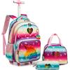 Egchescebo 3PCS Carrello Porta Zaino Trolley Scuola Media Elementare Astuccio Bambina Trolley Ragazza con Ruote per Lunch Box，3PCS Borsa Roller per Ragazze Arcobaleno con Giocattolo Unicorno