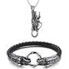 Aroncent Bracciale Drago Collana Uomo Bracciale in Pelle Unisex in Acciaio Inox Aperto Vintage Bracciale Lucido Braccialetto in Filo di Pelle Avvolgente Collana, Nero, Argento