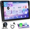 Motorsi 2 Din 4G+128G Autoradio 10'' 1280P Stereo Radio con Sistema Android 15, Apple Carplay Android Auto GPS Bluetooth 5.0 WiFi FM/RDS 2USB include Telecamera di Backup AHD, Microfono