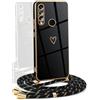 YAMCCCSE Cover per Huawei P30 Lite con Collana Amore Cuore Custodia per Silicone Sottile Laccio Tracolla Case con Protezione Fotocamera Dorata Placcatura Cornice Paraurti, Nero