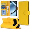 CAVOR Custodia a portafoglio compatibile con Google Pixel 10/10 Pro, in vera pelle, con 4 scomparti per carte, fibbia, blocco RFID, colore giallo
