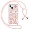 Foonary Trasparente Cover con Cordino per iPhone 15 Fiori, Custodia con Laccio Collana Tracolla Aesthetic Disegni Antiurto PC+TPU Bumper Protettiva Corda Case per iPhone 15 6,1,Rosa Flower
