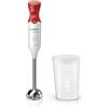 Bosch Frullatore a Immersione MSM64110, 450 W, Impugnatura Ergonomica, Piede in Acciaio Inox, Lama a 4 ali Acciaio Inox, Due Livelli di Velocità, Pratico Bicchiere Graduato Incluso, Bianco, Rosso