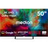 MEDION 125.7 cm 50" TV Ultra HD Smart TV 4K Dolby Vision HDR Prime Video Disney+ Compatibile con Google TV PVR Bluetooth, MD850401