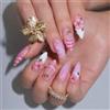 Tastetreasure 30 unghie finte a mandorla rosa, fiori 3D, con strass e stella marina, stile spiaggia, con cuscinetti adesivi, unghie finte da donna