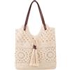 Sjfbebsy Borse in tessuto da donna, borse da donna fatte a mano all'uncinetto, borsa a tracolla in maglia scavata con nappa, borsa corda di cotone intrecciata, all'uncinetto beige