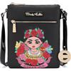 Frida Kahlo Borsa a tracolla Viva La Vida, design artistico floreale nero, multi-scomparto con hardware dorato
