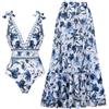 FLAXMAKER Costume da bagno da donna con scollo a V e gonna/sarong, Blu # 1, S
