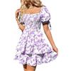 Generisch Abiti da donna estivi con volant corti, linea ad A, abito estivo elegante floreale con smokwork, maniche a sbuffo, abito corsetto floreale, abiti estivi leggeri ed eleganti, Lilla, XL