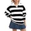 Lenader Polo da Donna a Maniche Lunghe a Righe con Colletto Oversize Y2k Pullover T Shirt Casual Loose Streetwear Rugby Felpa, Nero-Bianco, L