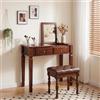 PADMA HOUSE Set Coiffeuse in Legno Massiccio con Sgabello Imbottito, Tavolo da Trucco Vintage 80cm con Specchio Ribaltabile e 2 Cassetti, Mobile Toeletta con Organizer Interno, Noce