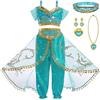 DiULi Jasmine Abiti Ragazze, 7PCS Set Jasmine Principessa Abiti Ragazze con Orecchini, Collana, Anelli, Cerchietti, per Festa Danza Compleanno Halloween Cosplay, Taglia 140