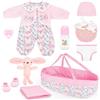 deAO Abbigliamento per Bambole con Culla - Set 11 Pezzi (30-43 cm),Vestiti Neonato + Accessori (Culla/Cappellino/Biberon), Perfetto Gioco di Ruolo/Cura, Regalo Educativo Bambine 3-6 Anni